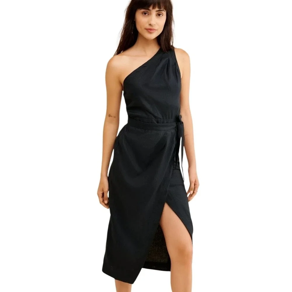 Anthropologie | Dresses | Anthropologie Womens One Shoulder Wrap Midi Dress  Black Linen Asymmetrical | Poshmark